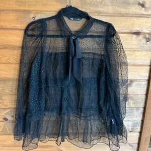 Zara Black Sheer Blouse with Bow Detail